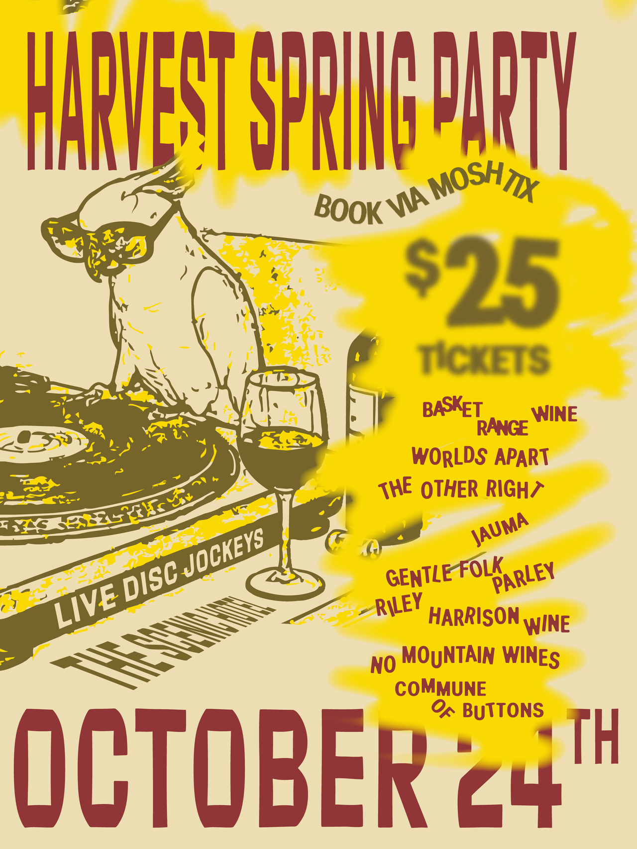 Harvest Spring Party poster at The Scenic Hotel featuring a cockatoo DJ illustration, local wine list, and October 24 date.